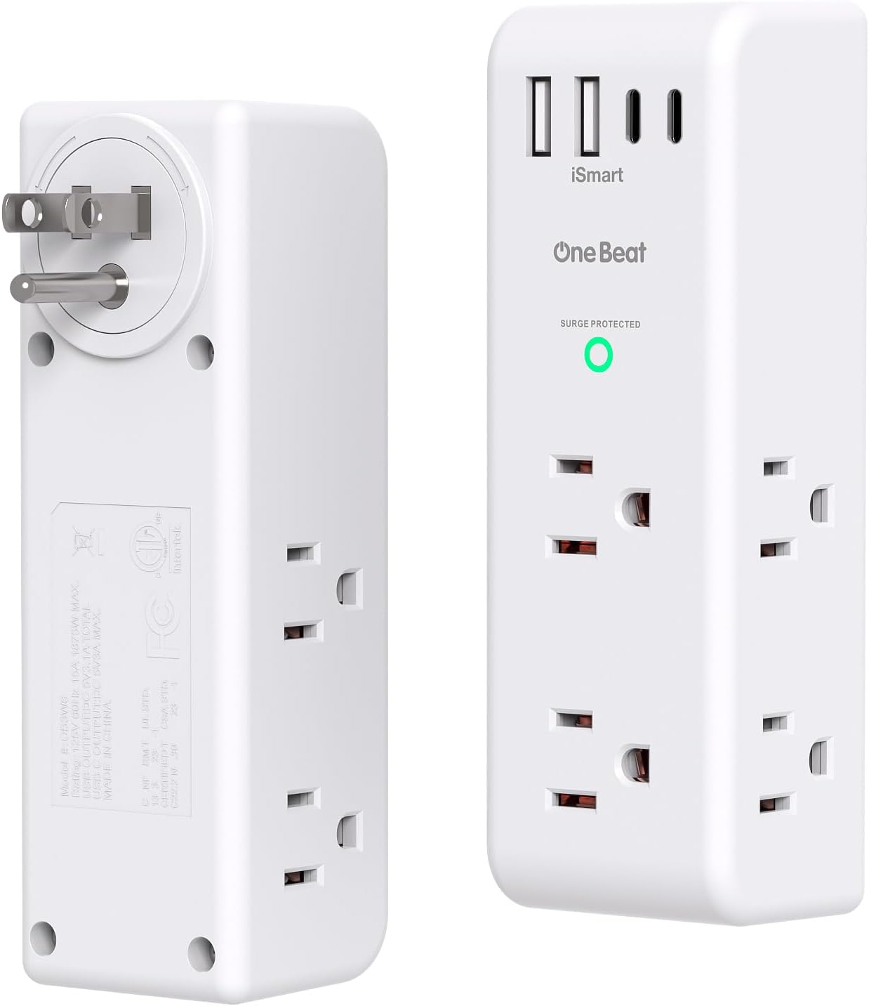 Surge Protector Outlet Extender - with Rotating Plug, 6 AC Multi Plug Outlet with 4 USB Ports (2 USB C), 1800J Wall Charger, 3-Sided Power Strip with Spaced Outlet Splitter for Home, Office, Travel