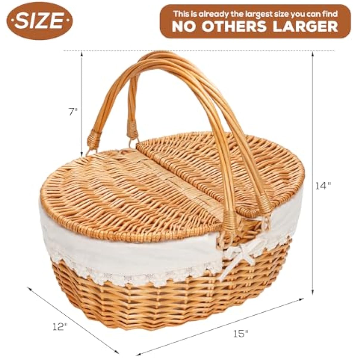 Wicker Picnic Basket with Removable Liner, Empty Picnic Baskets with Lid, Vintage-Style Picnic Hamper with Folding Woven Handle for Picnic, Camping, Outdoor, Halloween, Thanks Giving, Birthday (Cream)