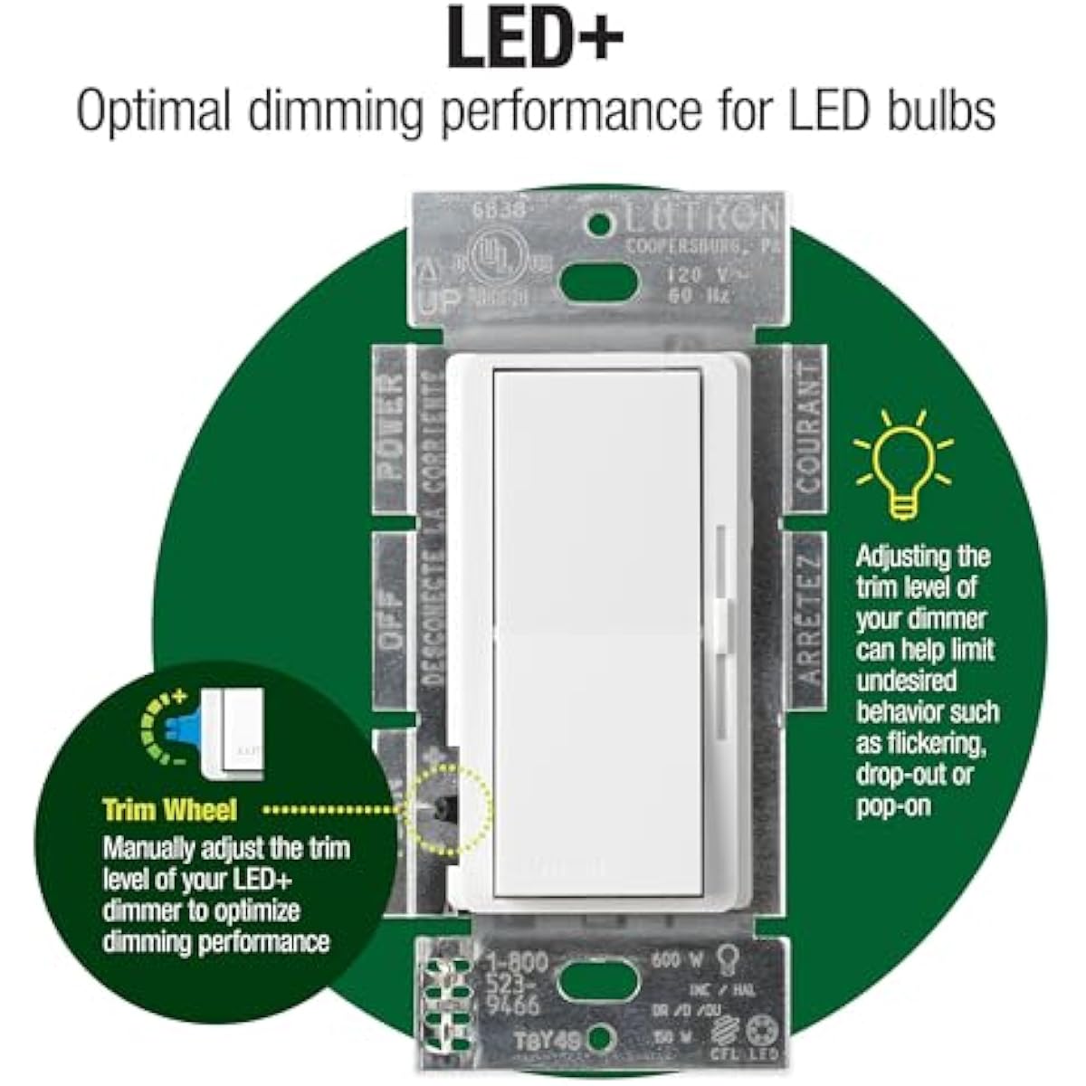 Lutron Diva LED+ Dimmer Light Switch for Dimmable LED, Halogen, and Incandescent Bulbs, 150 Watt, Single-Pole or 3-Way, DVCL-153P-WH, White