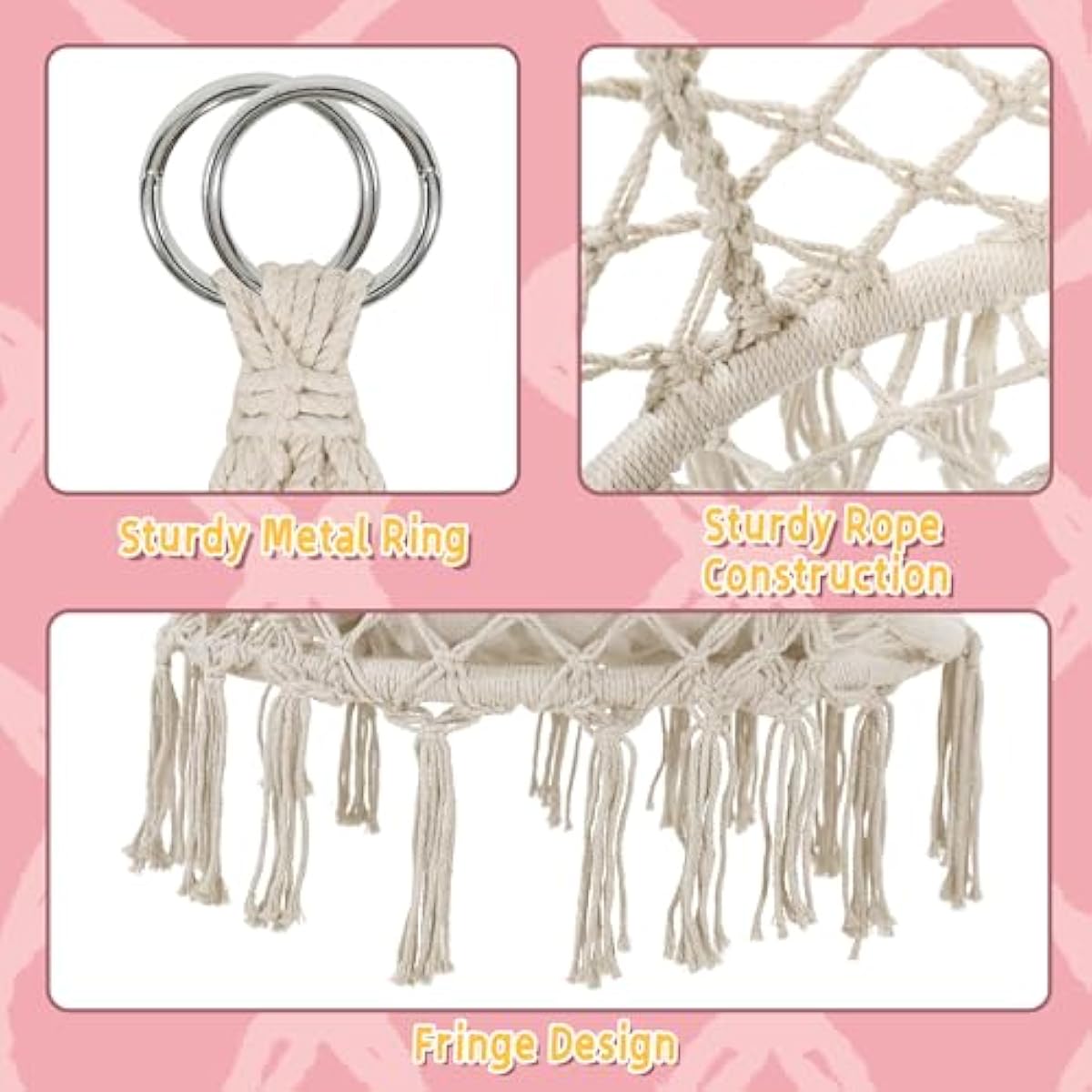 KROFEM Macrame Hammock Hanging Swinging Chair with Medium Cushion, Perfect for Bedroom, Porch, Adults, Balcony, Beige