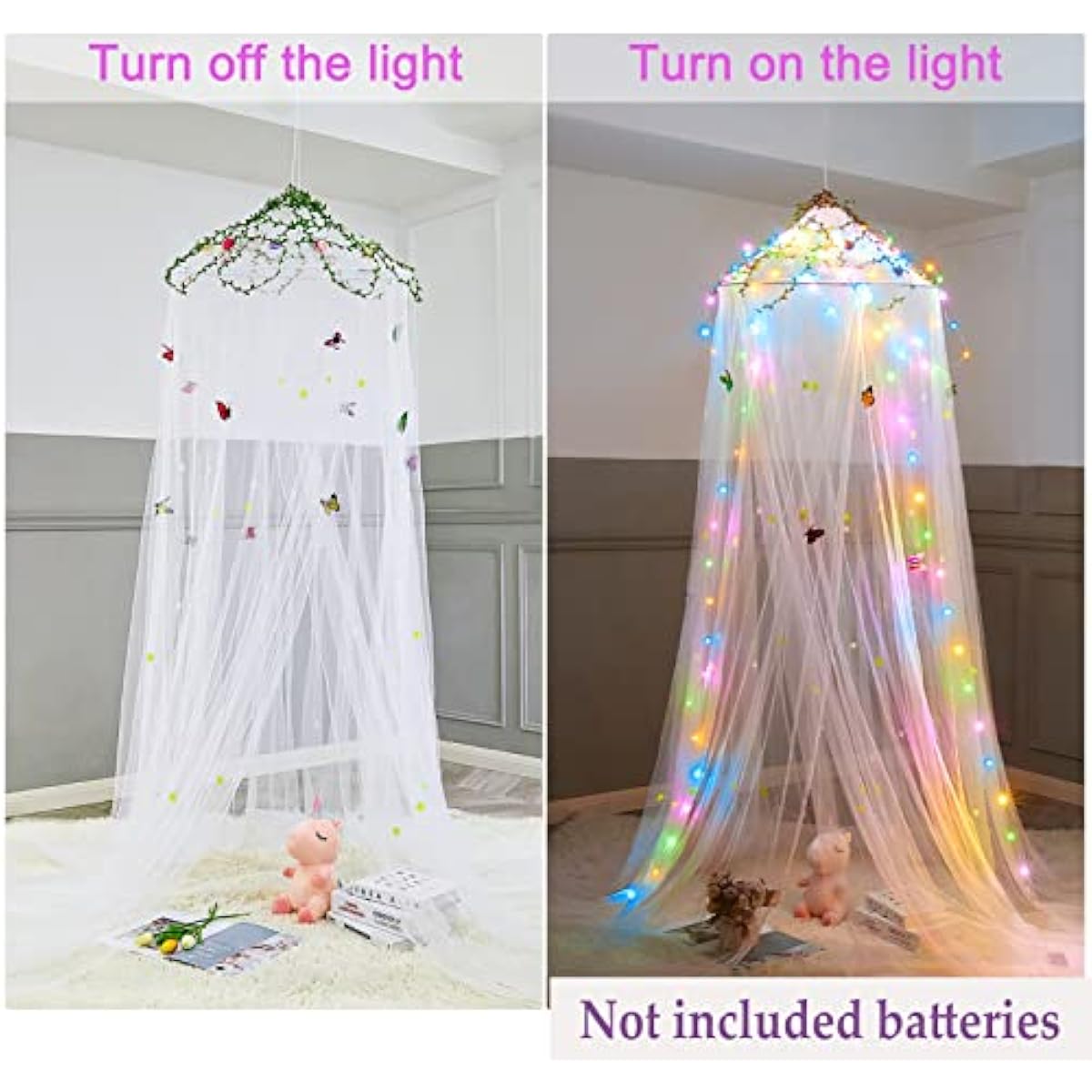 FIOBEE Bed Canopy for Girls Room Bed Canopy Curtains with Led Lights Mosquito Net DIY Princess Room Décor with Stars Butterflies for Kids Bedroom, White