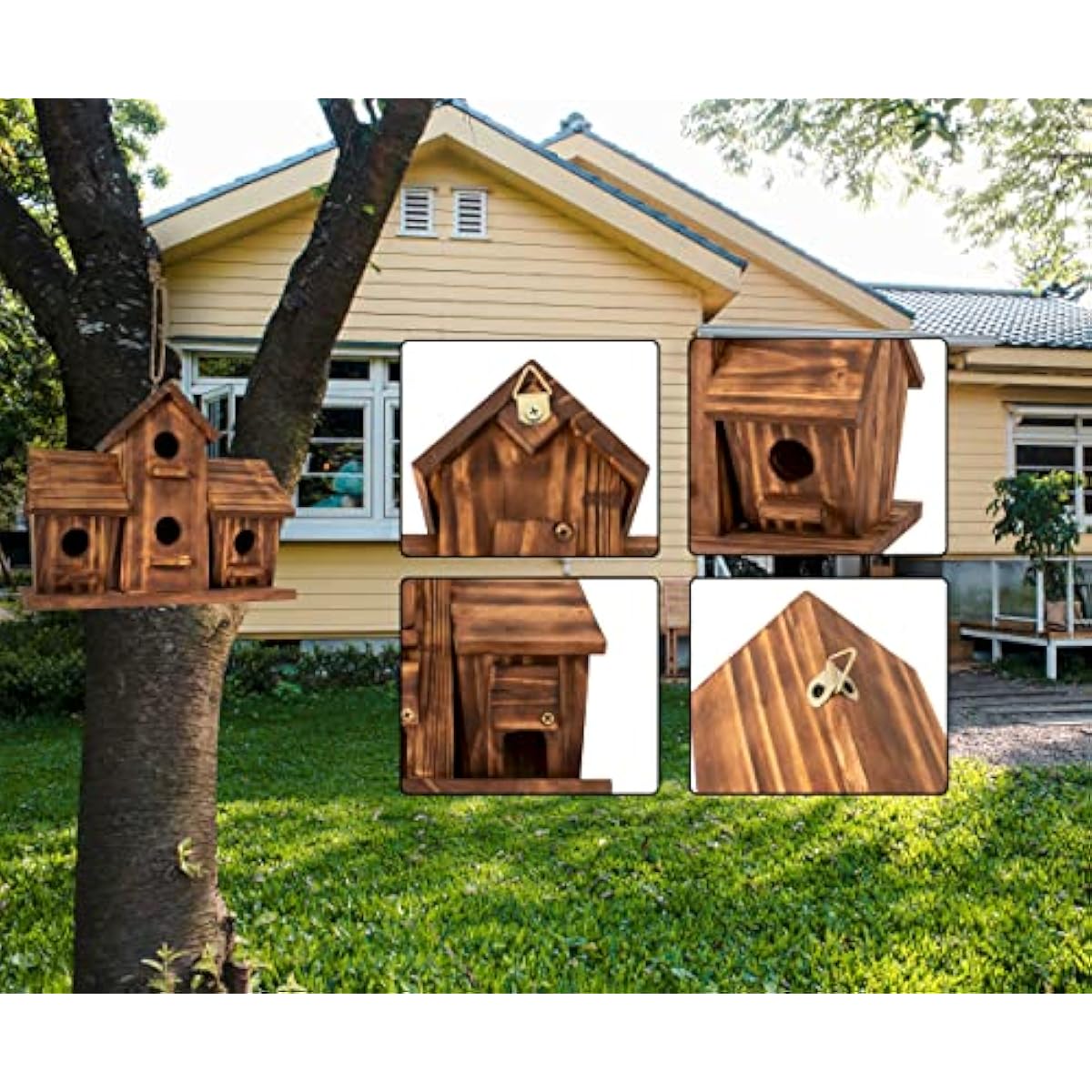 COLEBA Bird Houses for Outside, Outdoor 4 Hole Bird House Room for 4 Bird Families Bluebird Finch Cardinals Hanging Birdhouse for Garden