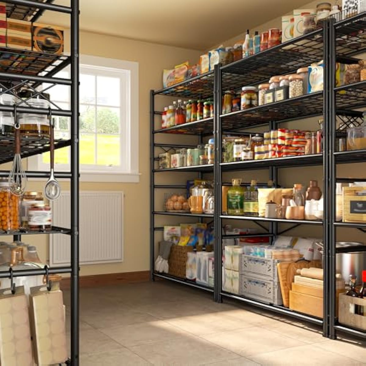 Storage Shelves 5-Tier Large Capacity Wire Shelving with Hooks, Heavy Duty Garage Shelving Unit with Leveling Feet, Stable Metal Shelf for Pantry, Kitchen and Closet, 72" H x 36" W x 12" D, Black