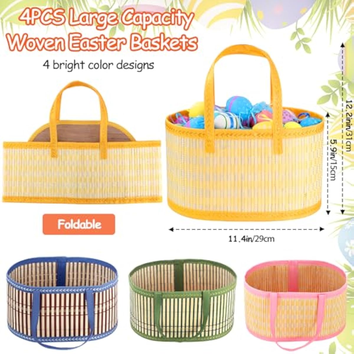 4Pcs Foldable Easter Woven Bamboo Baskets Empty, Oval Easter Basket Bulk Set with Handle, Large Easter Baskets for Easter Egg Hunt Party Favor Picnic Supplies Gift Packing - Pink Yellow Green Blue