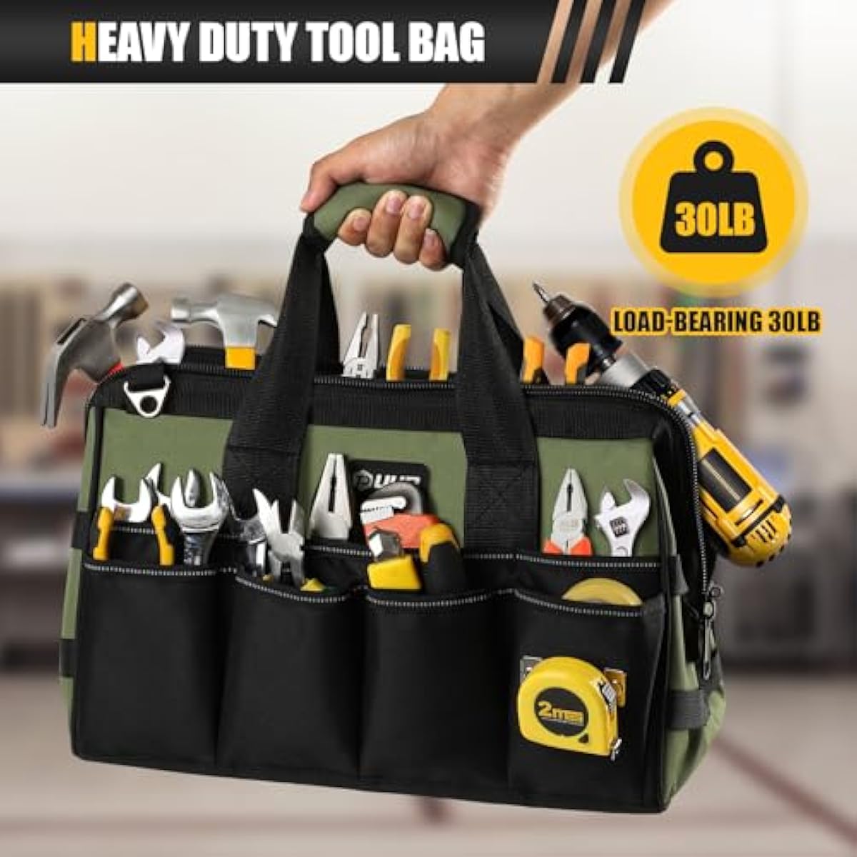 Heavy Duty Tool Bag 15-Inch, 16-Pocket Portable Empty Tool Box Organizer, Big Storage Toolbox Organization, Soft Handle Large Zipper Carrying Toolbag, Father Day Gifts for Him Dad Men, Green