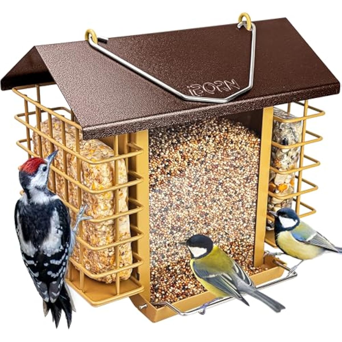 iBorn Bird Feeders for Outdoors,Bird Feeder with Double Suet Holders,Suet Feeder for Outside,Weatherproof Metal Roof,Easy to Refill&Clean,3.2 LBs Seed Capacity+2X Cake,1 Pack,Coffee Roof & Yellow Grid