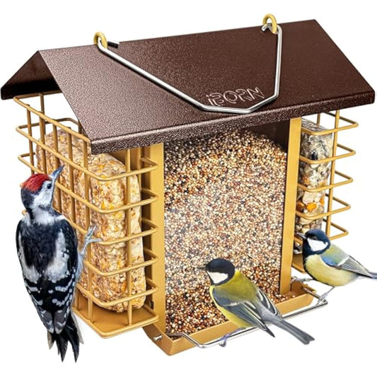 iBorn Bird Feeders for Outdoors,Bird Feeder with Double Suet Holders,Suet Feeder for Outside,Weatherproof Metal Roof,Easy to Refill&Clean,3.2 LBs Seed Capacity+2X Cake,1 Pack,Coffee Roof & Yellow Grid