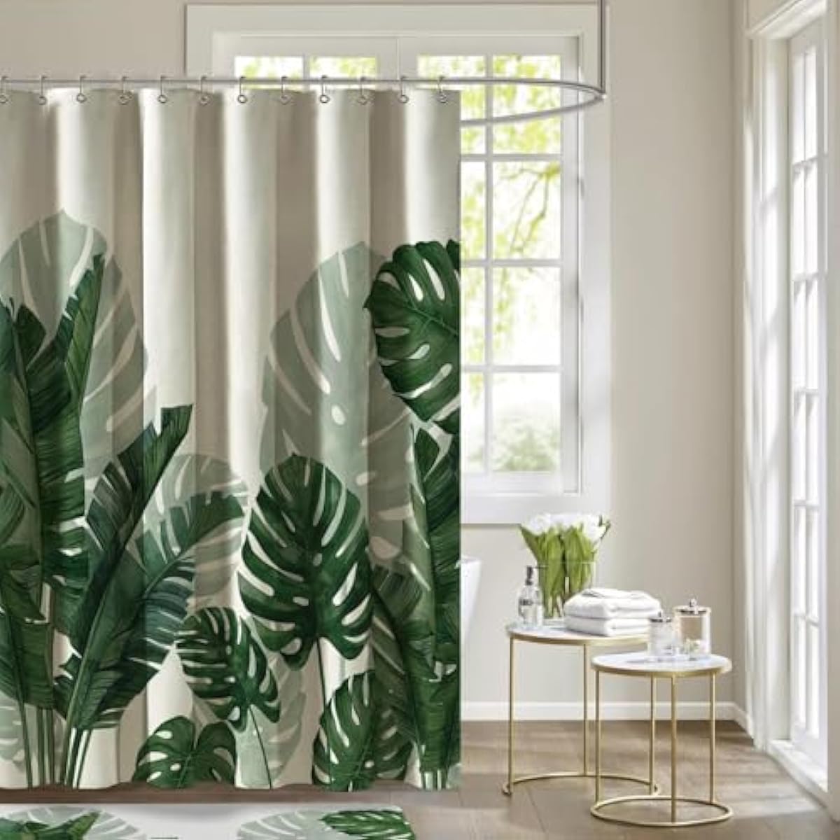 Baccessor Linen Shower Curtain Tropical Green Leaf Shower Curtains Botanical Banana Monstera Leaf Palm Tree Water Repellent Heavy Duty Fabric Cloth Shower Curtain for Bathtubs Hotel 72 W X 72 L Inch