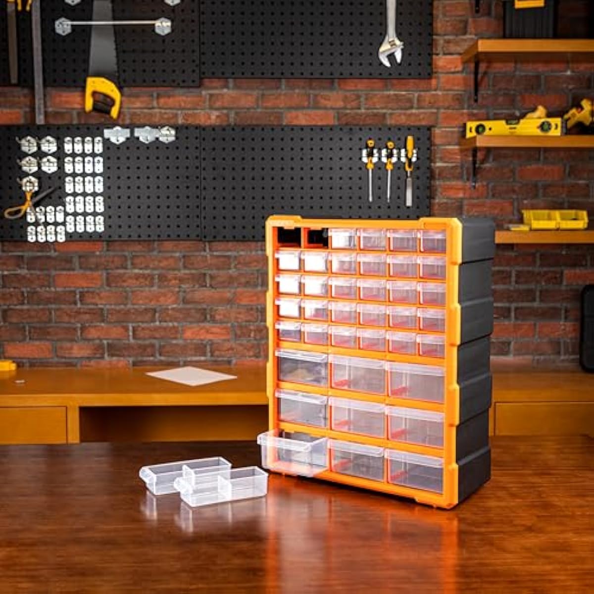 Amazon Basics Wall Mount Hardware and Craft Storage Cabinet Organizer with 39 Drawers, Plastic Garage Organization System with Dividers for Small Parts, Black, Orange, 15" x 6.3" x 18.6"