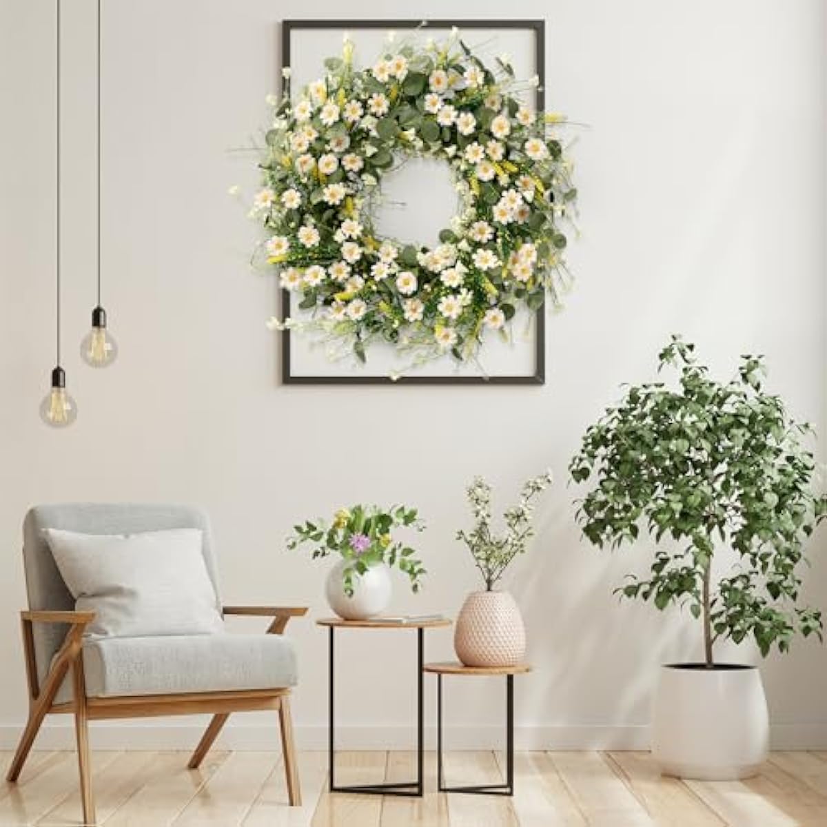 Sggvecsy White Daisy Wreath 24 Inch with Fake Silk Floral Green Eucalyptus Leaves and Lavender for Spring Summer Front Door Window Wall Wedding Farmhouse Festival Decor