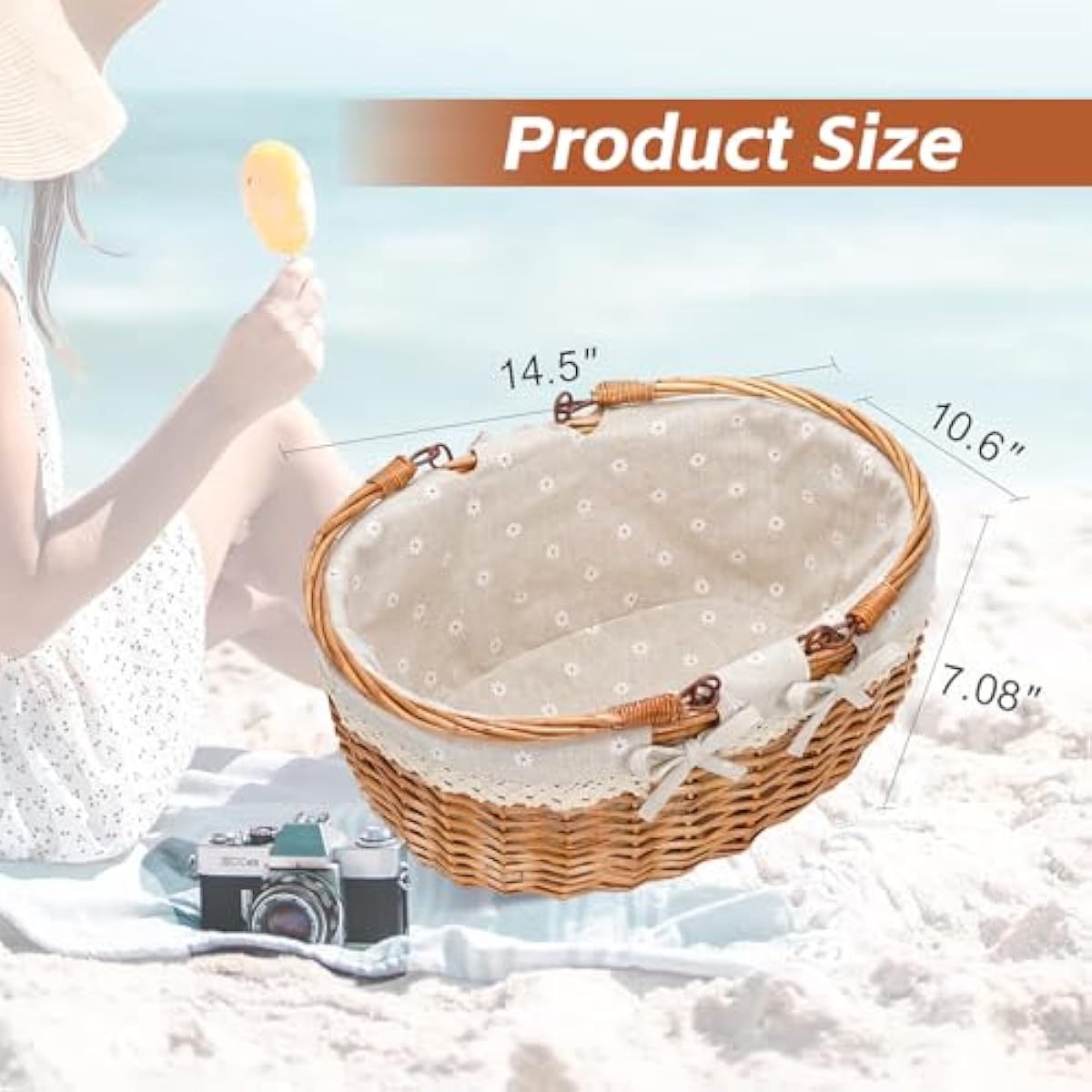 G GOOD GAIN Wicker Picnic Basket with Double Folding Handles,Willow Picnic Hamper,Natural Hand Woven Easter Basket,Easter Eggs and Candy Basket,Bath Storage,Gift Packing Basket.White