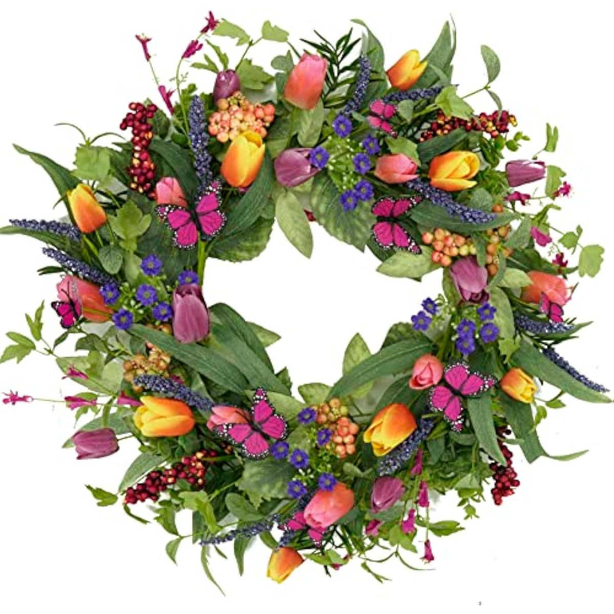 22 inch Spring Summer Wreath Tulip Wreath for Front Door with Purple Tassels, Eucalyptus Leaves, Ferns, Butterflies for Indoor Outdoor wall Festival Home Farmhouse Wedding Decor