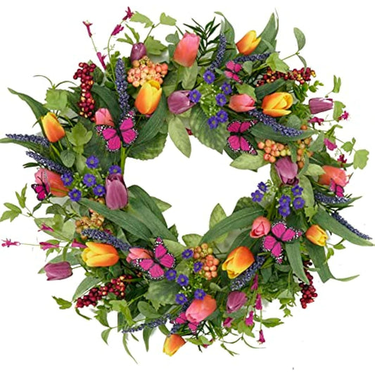 22 inch Spring Summer Wreath Tulip Wreath for Front Door with Purple Tassels, Eucalyptus Leaves, Ferns, Butterflies for Indoor Outdoor wall Festival Home Farmhouse Wedding Decor