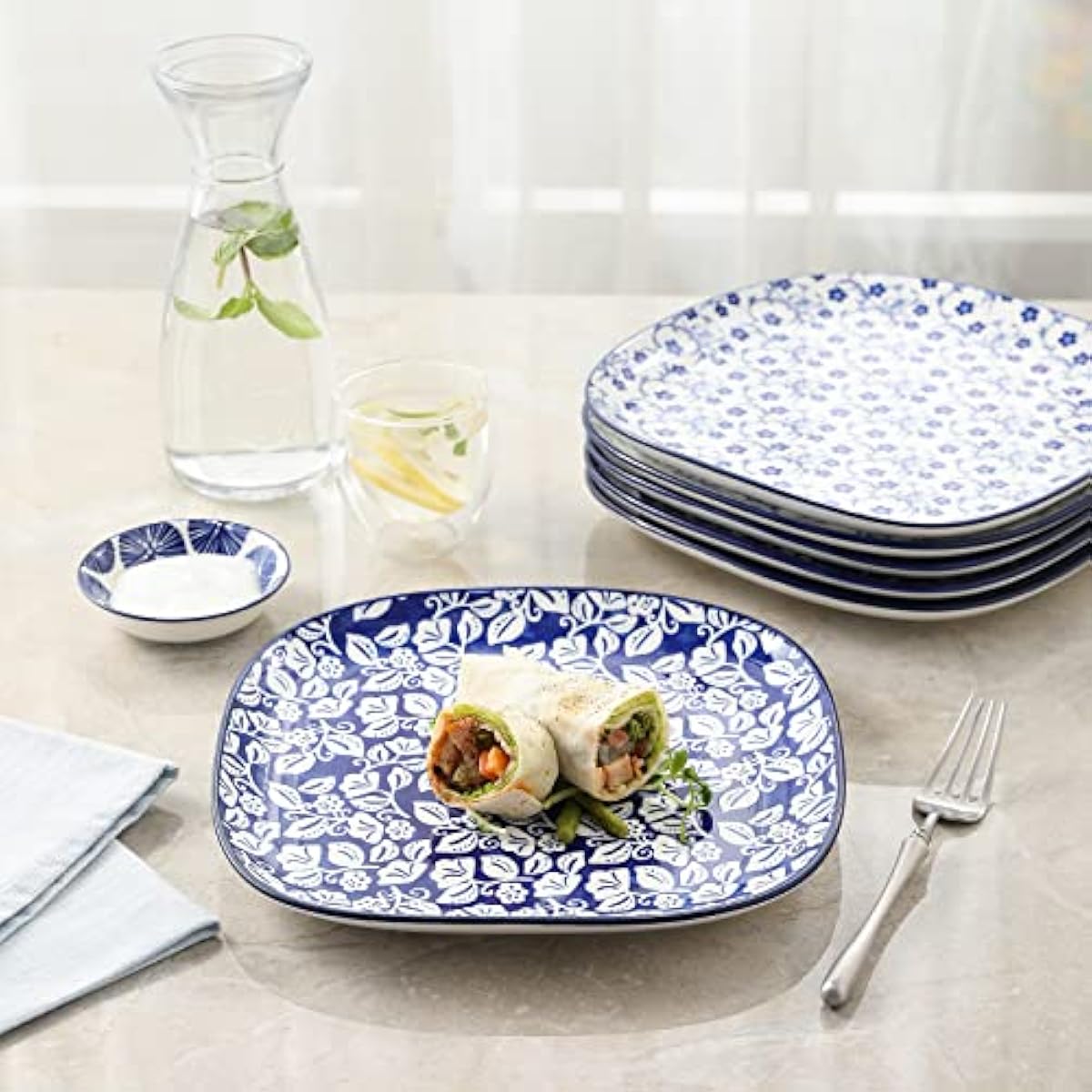 Selamica Porcelain Square Dessert Salad Pasta Plates 7.6 inches ceramic plates set of 6 microwave/dishwasher/oven safe, Vintage Blue