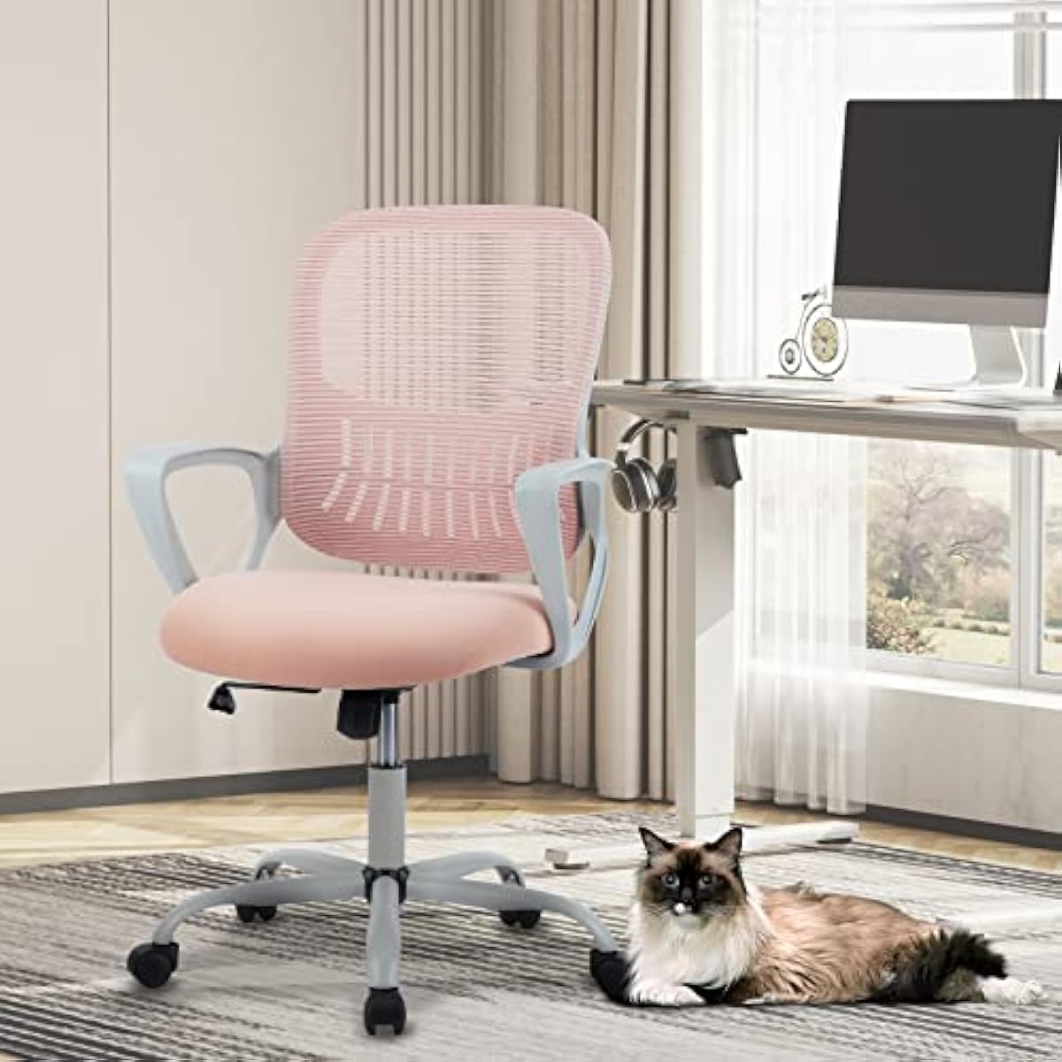 Sweetcrispy Ergonomic Mid-Back Mesh Home Office Desk Chair with Wheels, Lumbar Support, and Comfortable Armrests for Home, Bedroom, Study, Office