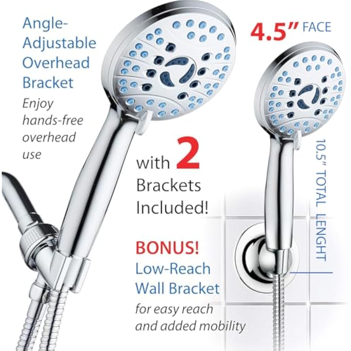 AquaCare High Pressure 8-mode Handheld Shower Head - Anti-clog Nozzles, Built-in Power Wash to Clean Tub, Tile & Pets, Extra Long 6 ft. Stainless Steel Hose, Wall & Overhead Brackets