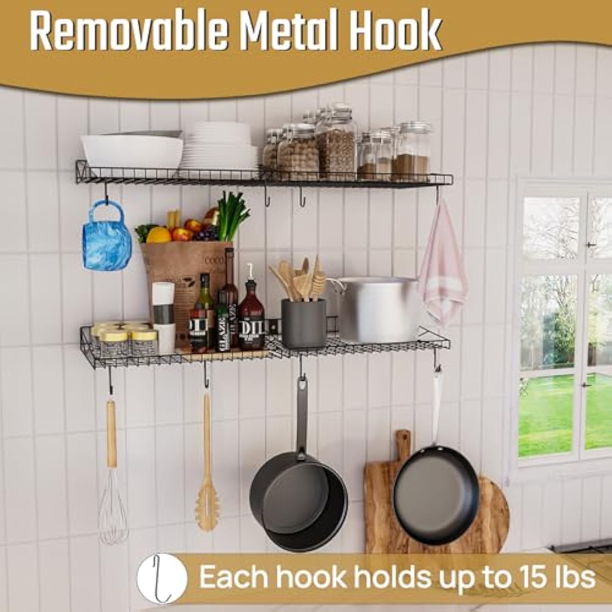 4 Pack Garage Wall Shelf, Garage Wall Mounted Shelving, Heavy Duty Floating Shelves With 8 Hooks, Loads 180 LBS Black Wall Shelves Mesh Storage Rack for Office, Basement, Wall Cabinet and Kitchen