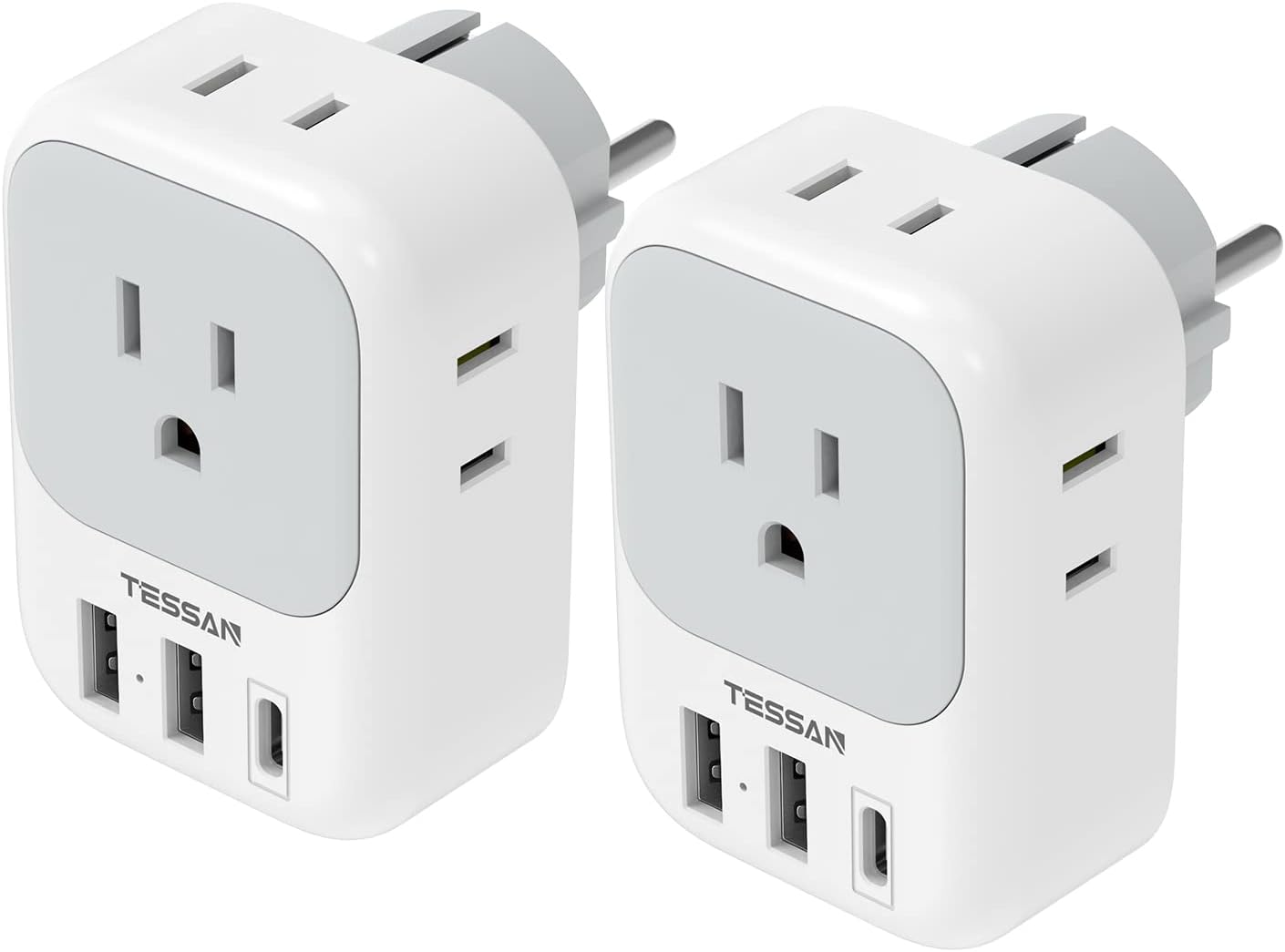 2 Pack European Plug Adapter USB C, TESSAN US to Europe Adapter 4 Outlets 3 USB Charger, Type C International Power Adaptor to Italy Spain France Portugal Iceland Germany, Europe Travel Essentials