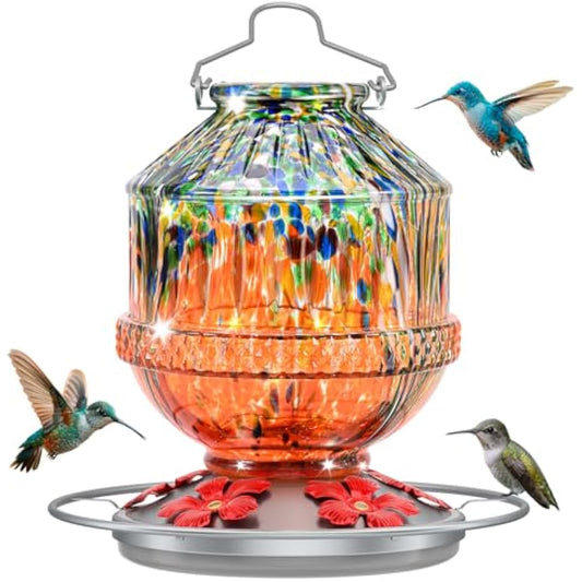 Blown Glass Hummingbird Feeders for Outdoors, 25 Ounces Wild Bird Nectar Feeder with Perch & 5 Flower Feeding Ports Leak Proof Hanging for Garden Backyard Decor, Gifts for Women Mom, Orange