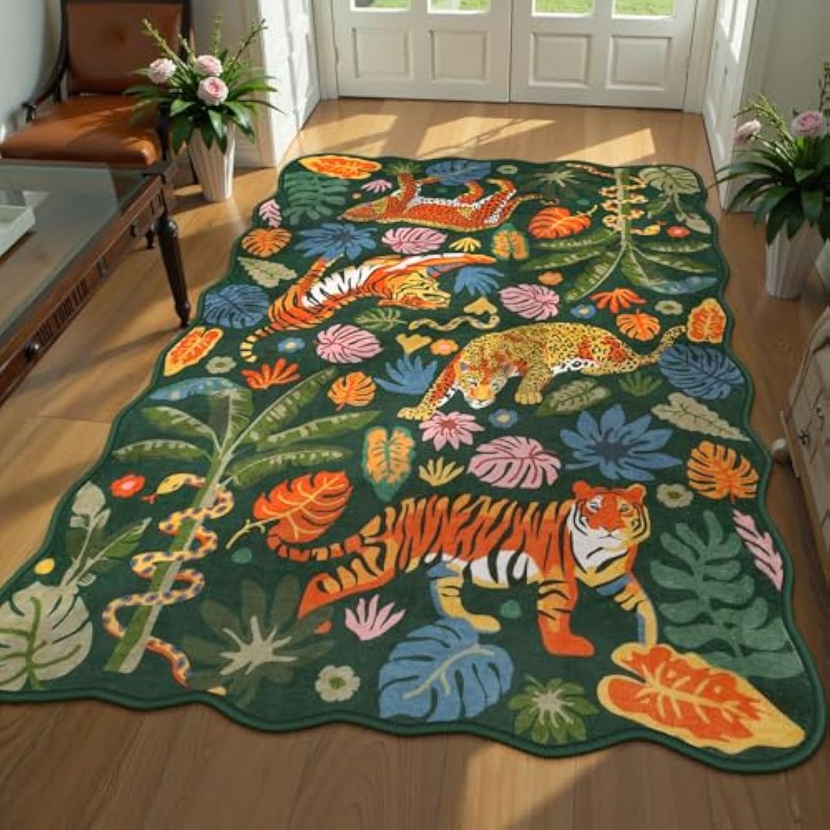 LEEVAN Jungle Animal Nursery Rugs 5x7, Washable Green Tiger Living Room Rugs Non Slip Scalloped Tiger Bedroom Rug, Low Pile Leopard Floor Carpet Leaf Print Kids Rug