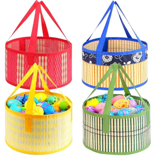 Foldable Easter Woven Bamboo Baskets Empty, 4 Pcs Easter Basket Bulk Set with Handle, Large Easter Baskets for Easter Egg Hunt Party Favor Picnic Supplies Gift Packing - Red Yellow Green Blue