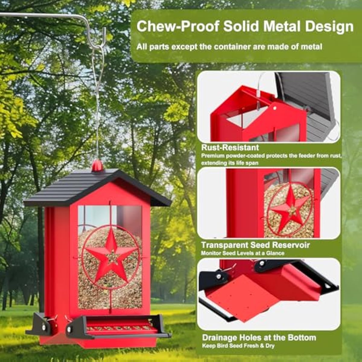 Squirrel Proof Bird Feeders for Outdoors With Weight-Activated, Metal 5LB Large Wild Bird Feeders for Cardinals,Blue jay,Finch, Weatherproof Durable Hanging Bird Feeder for Backyard,Garden,Patio - Red