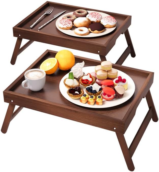 Fibogollo 2 Pack Bamboo Bed Tray Table with Folding Legs,Breakfast Trays,Serving Tray for Food and Snack,Laptop Trays for Working(Natural)