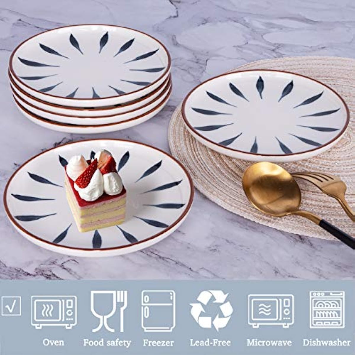 Aquiver 6'' Ceramic Dessert Plates - Color Painted Porcelain Appetizer Plates - Tea Party Small Serving Plates for Cake, Pie, Snacks, Ice Cream, Side Dish, Waffles - Set of 6 (Blue)