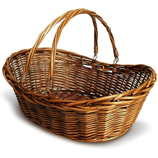 Wald Imports - Medium Wicker Basket with Handle - Dark Brown Hand Woven Harvest Basket - Wicker Flower Basket for Storage, Picnics, Easter, Organizing, and More (17 x 6.5 inches)