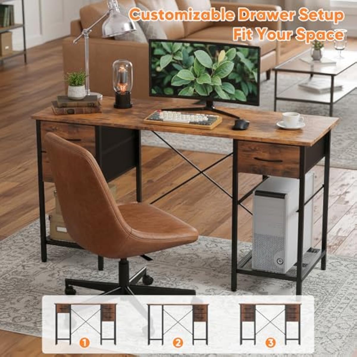 Sweetcrispy Computer Desk with Drawers, 47 Inch Home Office Bedroom Table with 4 Fabric Drawers & 2 Mesh Storage Shelves, Wood Table with X-Shaped Structure for Writing Study PC Desk, Brown