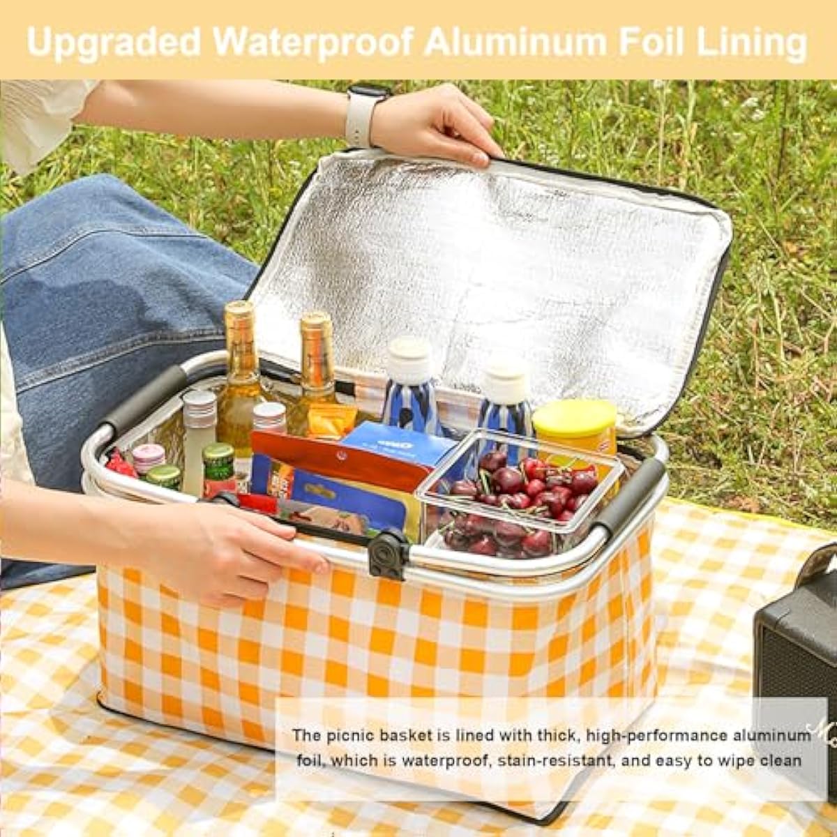 Insulated Picnic Basket，Collapsible Picnic Basket，30L Large Market Basket with Lid，2 Sturdy Handles，Storage Basket for Picnic，for Food Delivery，Take Outs，Market Shopping，Travel(Yellow Grid)