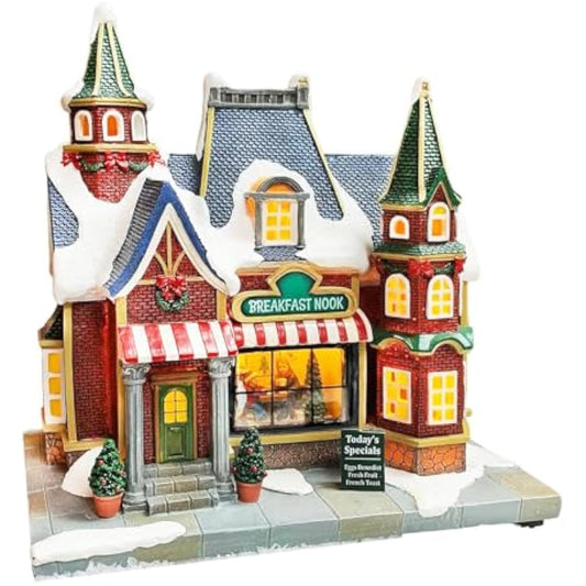 MOMENTS IN TIME Lighted Christmas Village Building Breakfast Nook LED Lights Music Battery Operated Plays 8 Holiday Songs Optional 4.5V Adapter Gift Wrapped Ready Décor