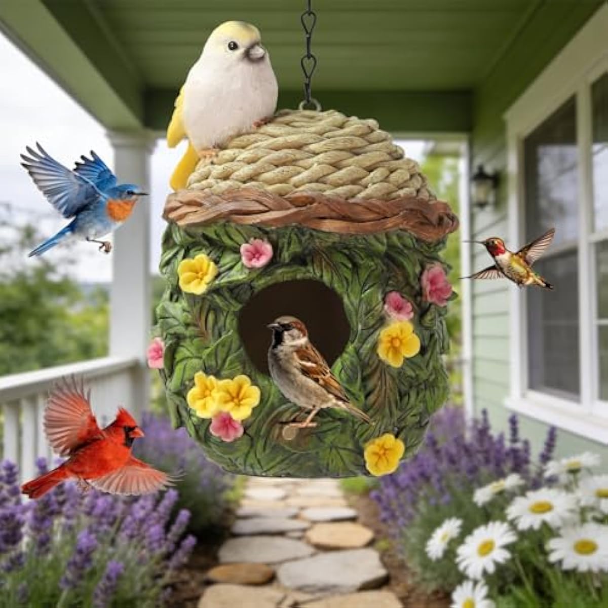 Bird Houses for Outside Bird Nesting Design Resin Birdhouse, Garden Outdoor Decor Bird House with Flower and Leaf Details, Birdhouses for Outdoors for Bluebird Finches Cardinals