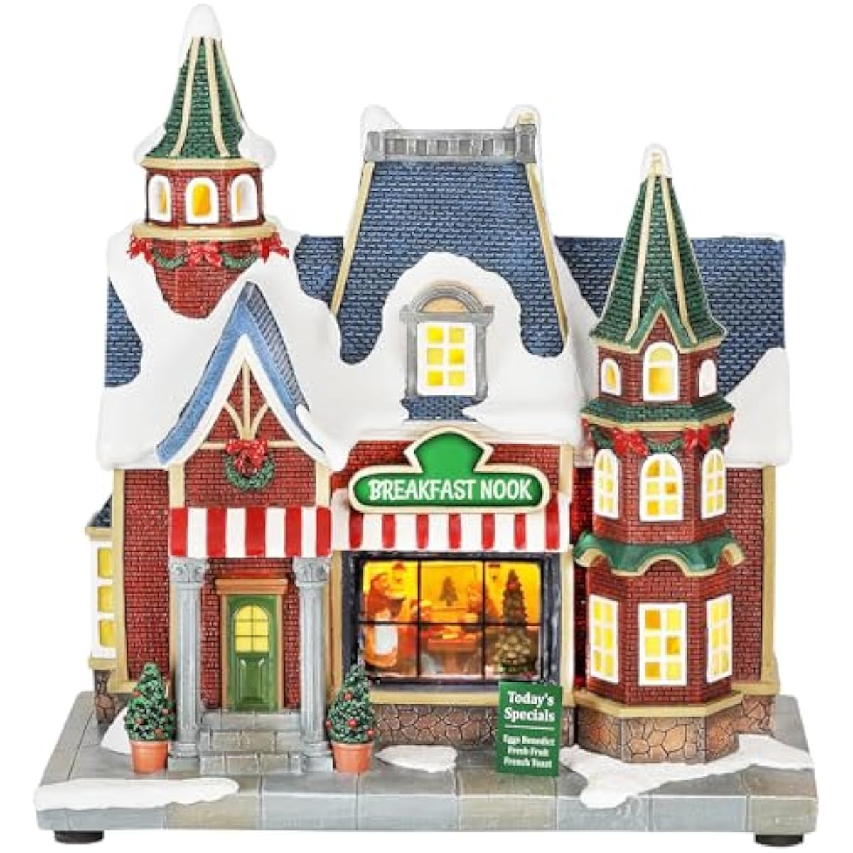 MOMENTS IN TIME Lighted Christmas Village Building Breakfast Nook LED Lights Music Battery Operated Plays 8 Holiday Songs Optional 4.5V Adapter Gift Wrapped Ready Décor