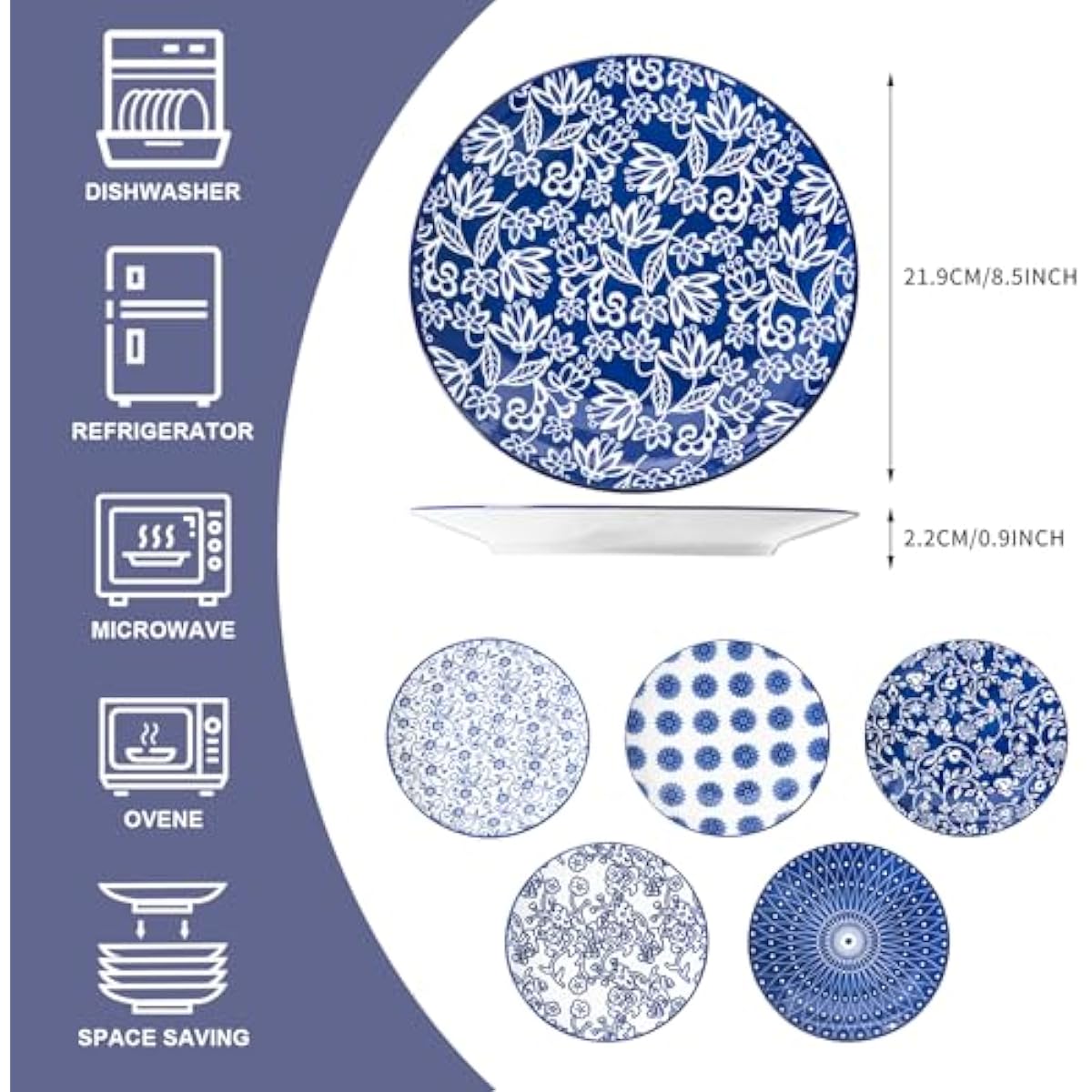 Ceramic Salad Plates Set - 8.5 Inch Small Round Dessert Dishes for Kitchen Dinner Pasta Appetizer Sandwich - Scratch Resistant Porcelain Microwave Oven Dishwasher Safe - Set of 6 - Vintage Blue