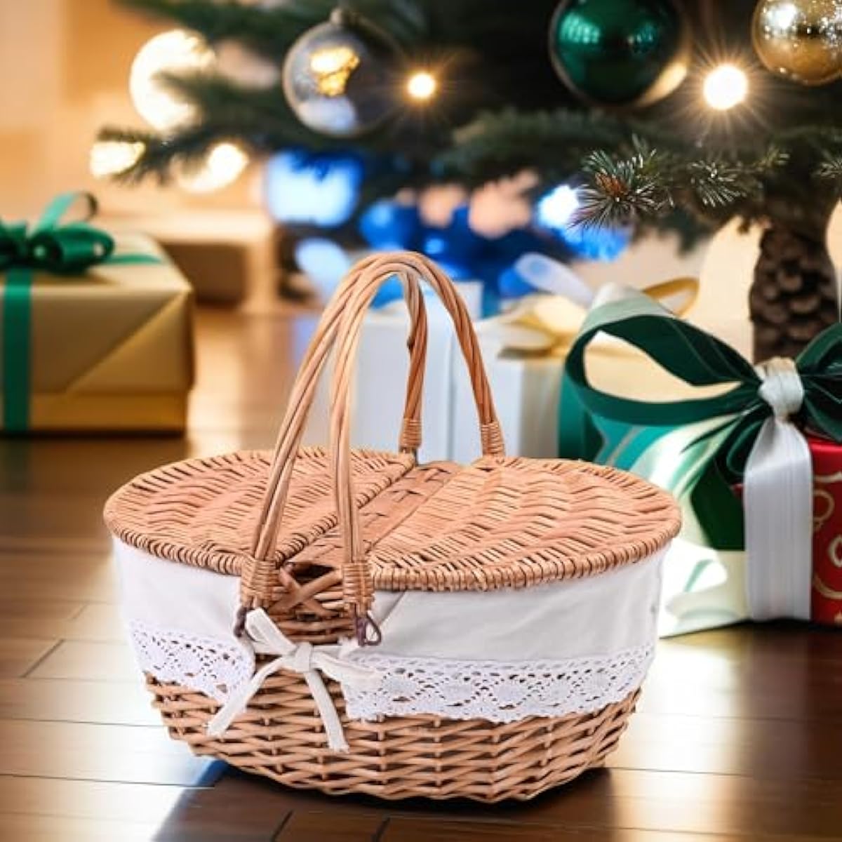 Wicker Picnic Basket with Removable Liner Empty Picnic Baskets with Lid, Picnic Hamper with Foldable Handles for Picnic 2, Natural Color, Large