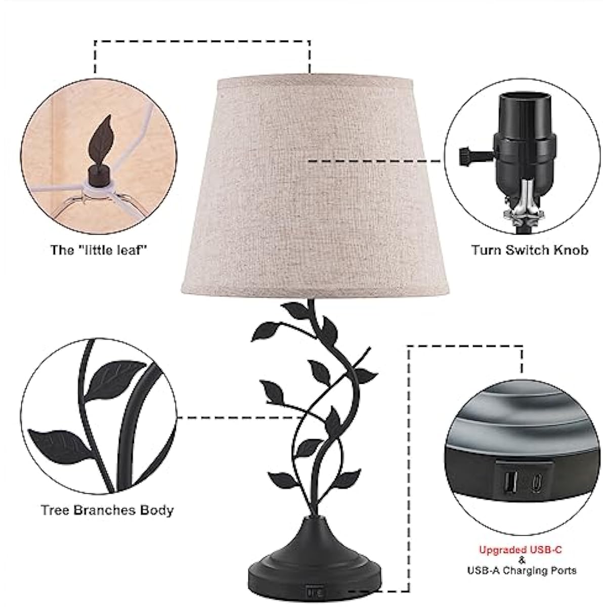 Kakanuo Table Lamp for Bedside, Lamp for Living Room with USB-A and USB-C Charging Ports, Traditional Tall Bedroom Lamp for End Table