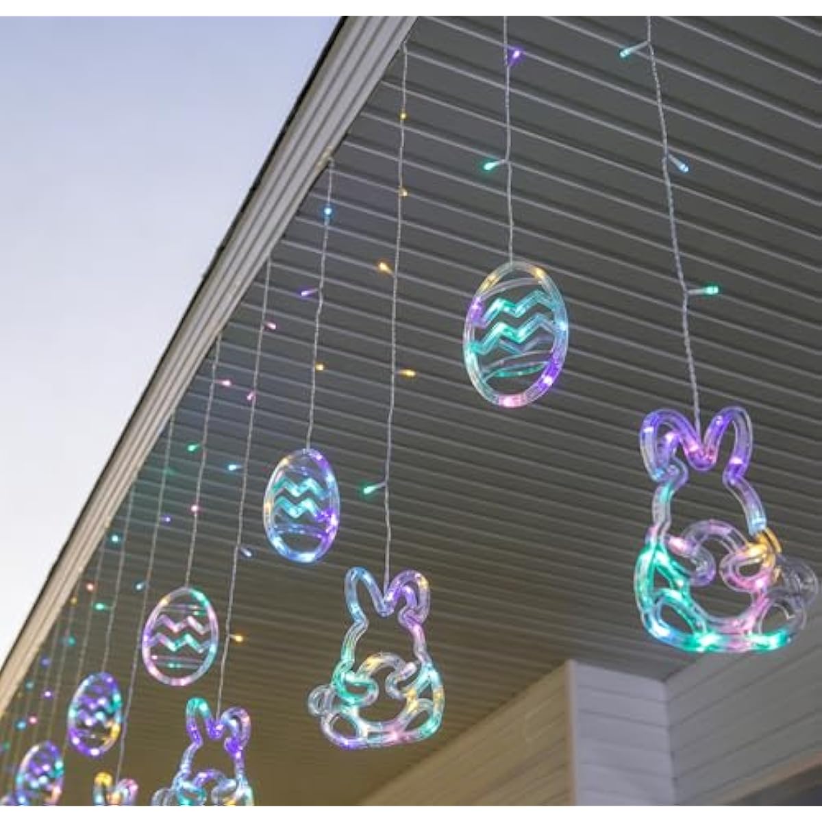 Dazzle Bright Easter Lights, 222LED 9FT Pastel Rabbit and Eggs Curtain String Lights with 8 Modes, Plug in Easter Decorations for Indoor Window Outdoor Party Decor (Pastel)