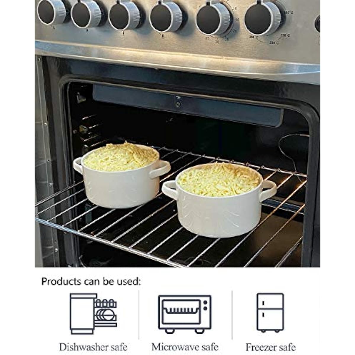 DELLING Soup Bowls with Handles Set of 6, 24 Oz Ceramic French Onion Soup Crocks Oven Safe - Large Soup Mugs for Chili Stew Cereal, Microwave Dishwasher Safe, White