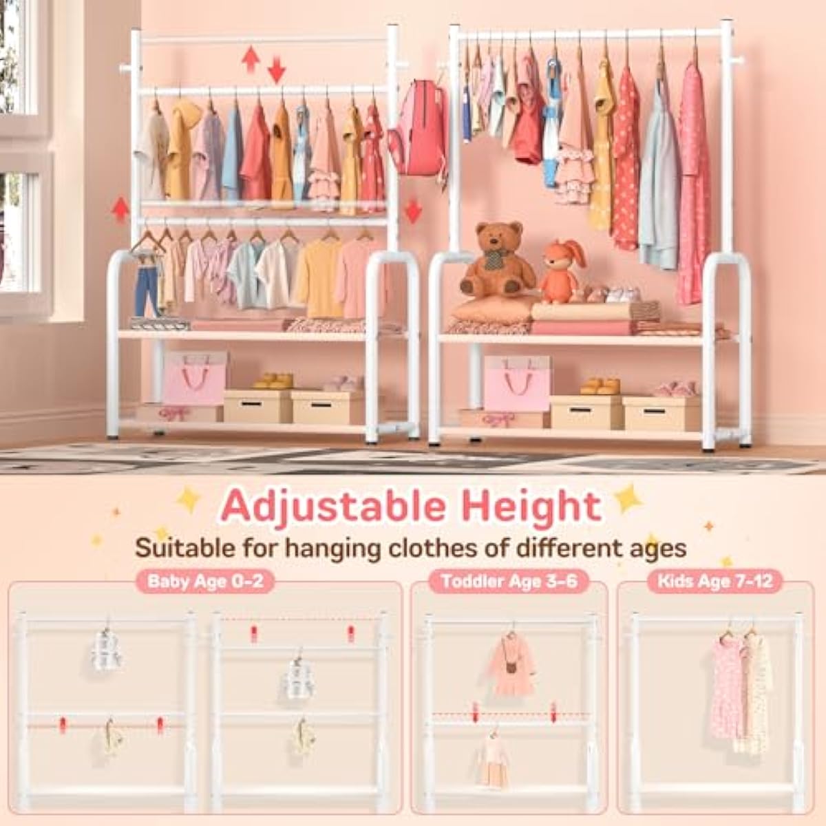 Kids Clothing Rack with 2-Layer Storage Shelf and 2 Adjustable Hanging Rods, Dress Up Rack for Hanging Clothes,Dress up Storage for Baby Toddle Kids(Classic, White)
