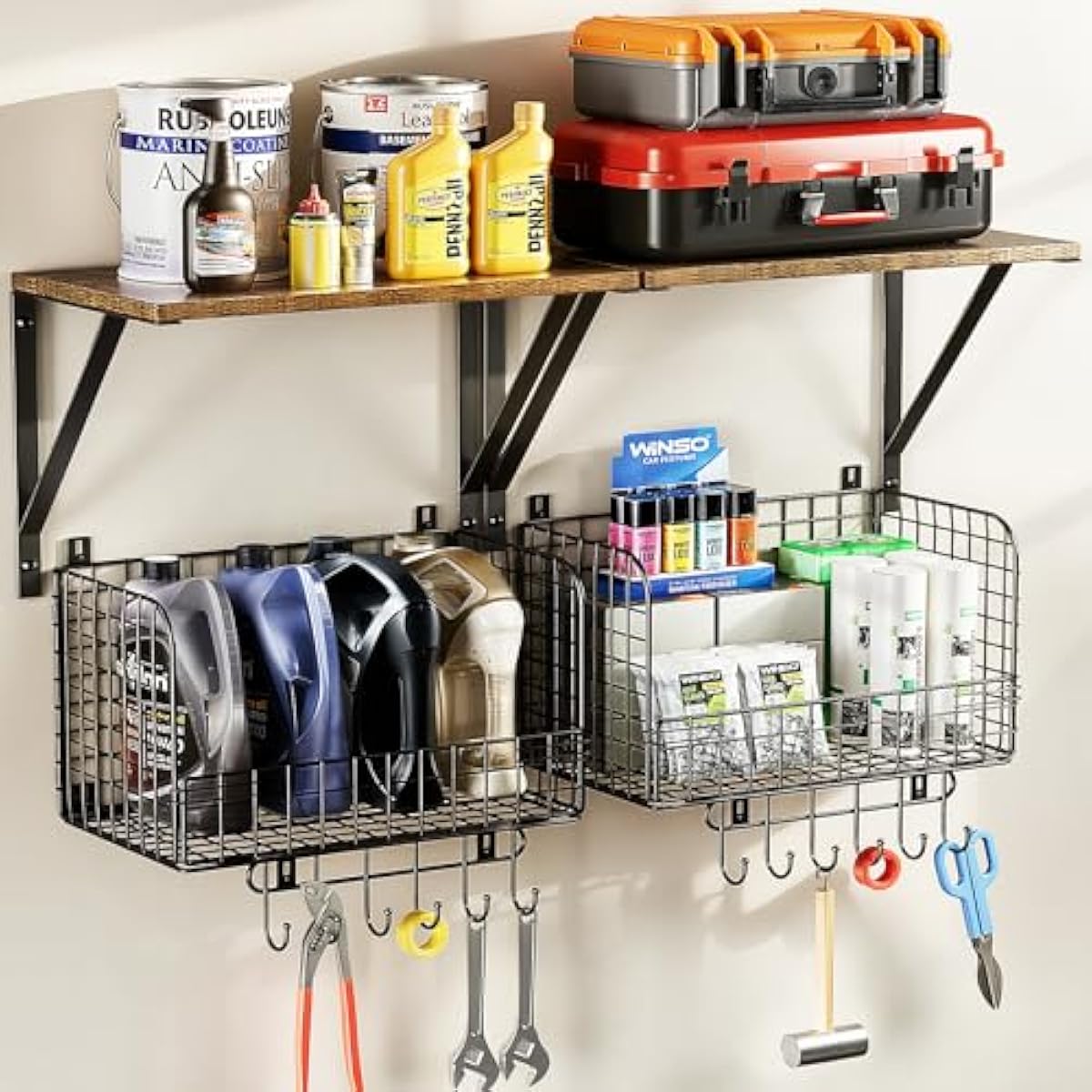 Housolution Garage Shelving Wall Mounted, Heavy-Duty Garage Wall Shelving with Baskets & Hooks Supports up to 154 LBS in Total, Tool Storage Organizer for Home, Garden, Kitchen, Laundry Room