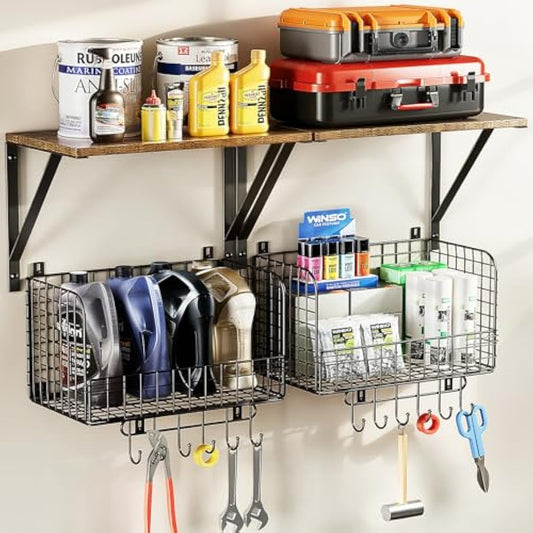 Housolution Garage Shelving Wall Mounted, Heavy-Duty Garage Wall Shelving with Baskets & Hooks Supports up to 154 LBS in Total, Tool Storage Organizer for Home, Garden, Kitchen, Laundry Room