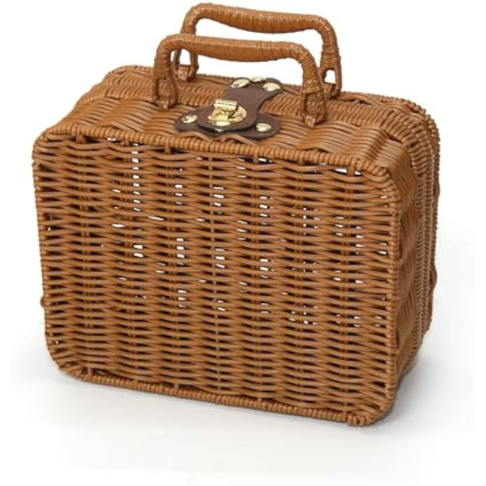 Mini Wicker Picnic Basket, Decorative Prop Suitcase Vintage Storage Hamper Makeup Organizer, 8.67" Metal Lock Plastic Rattan Storage Box with Handles for Sundries Travel Camping and Outdoor Party