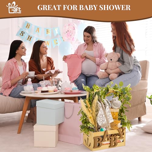 Wooden Baby Shower Crate Closet, Baby Storage Crate Hamper with Handle, Basket for Baby Shower Gifts, Welcome Gift Basket for Newborn Boys Girls, Pregnancy Gifts for New Parents