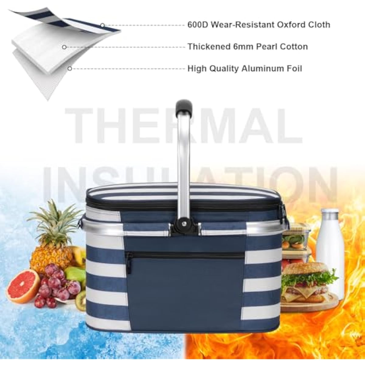 ALLCAMP Picnic Basket - Insulated Cooler, Thickening Foldable Picnic Basket with Removable Baskets & Sewn-in Frame, Basket for House Warming Gifts New Home(Blue White)