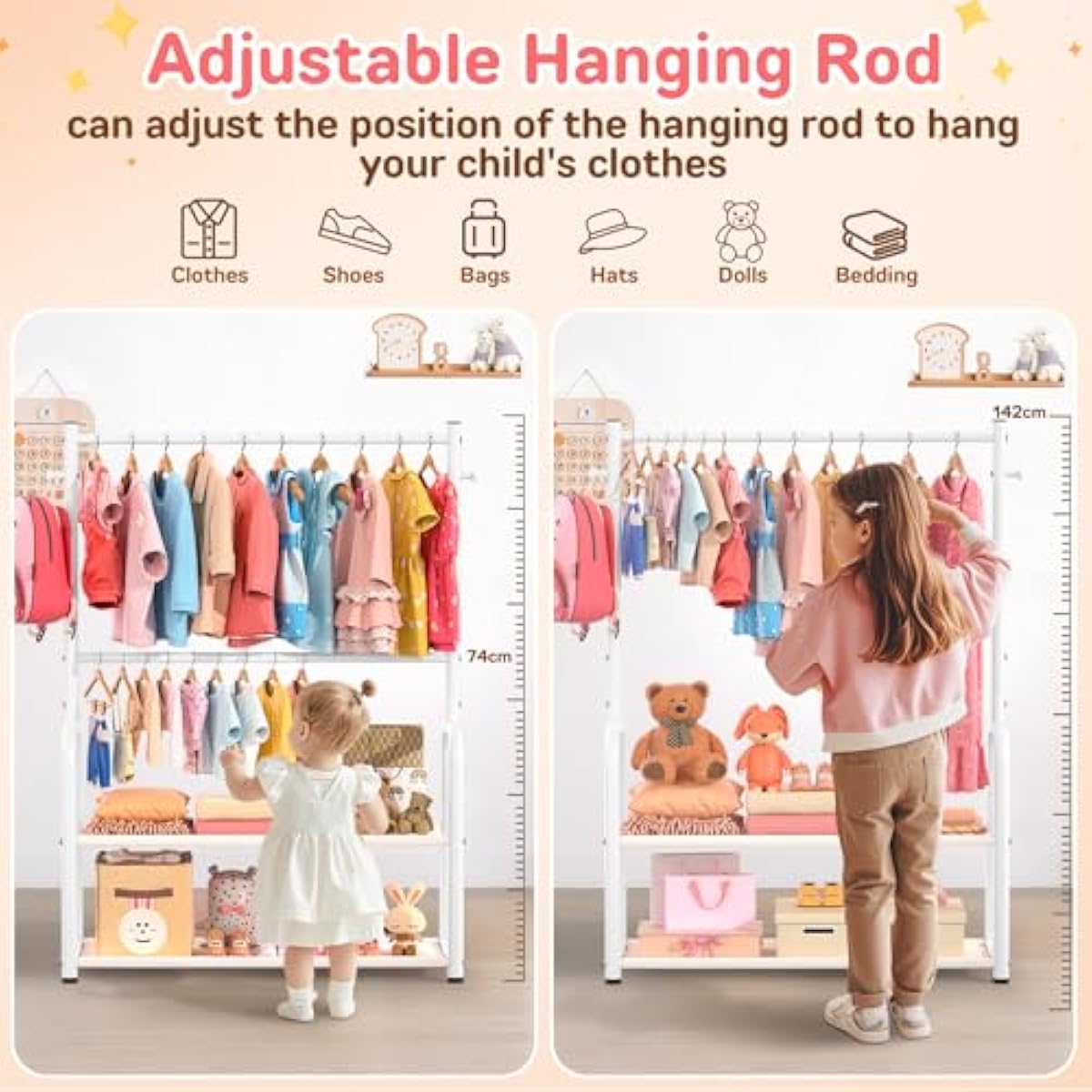 Kids Clothing Rack with 2-Layer Storage Shelf and 2 Adjustable Hanging Rods, Dress Up Rack for Hanging Clothes,Dress up Storage for Baby Toddle Kids(Classic, White)