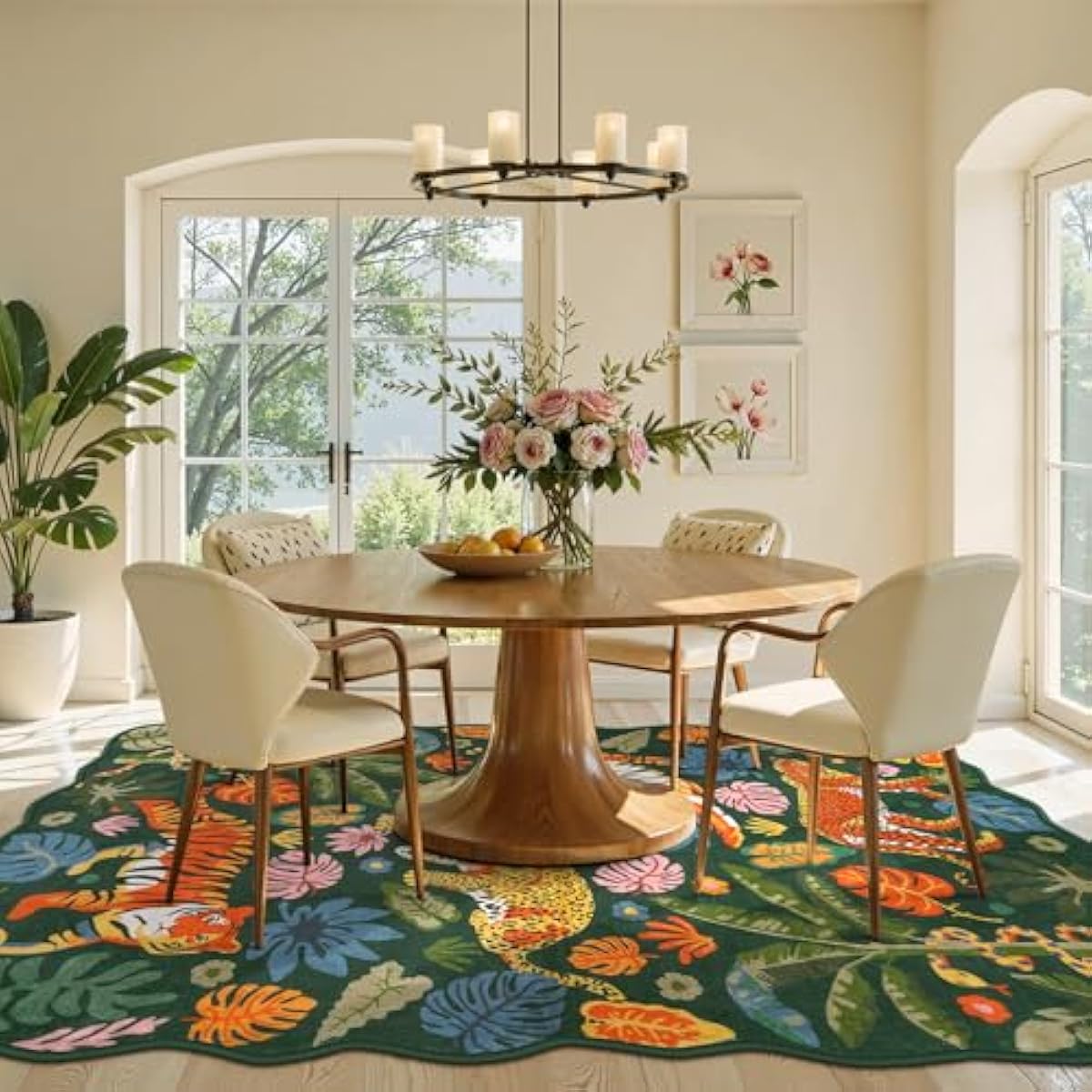 LEEVAN Jungle Animal Nursery Rugs 5x7, Washable Green Tiger Living Room Rugs Non Slip Scalloped Tiger Bedroom Rug, Low Pile Leopard Floor Carpet Leaf Print Kids Rug