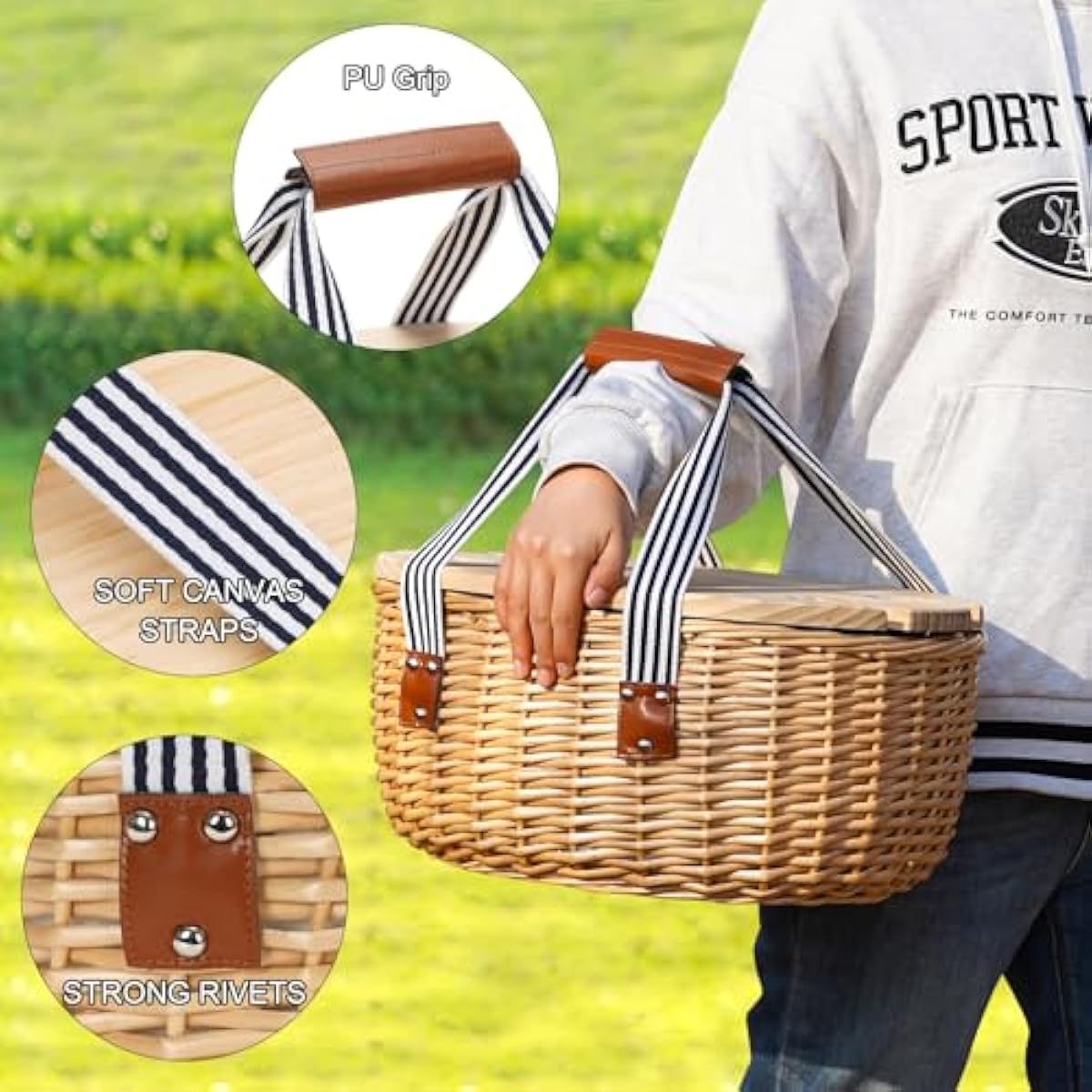 STBoo Picnic Basket for 4, Insulated Wicker Hamper with Folding Table, Willow Picnic Baskets Set with Large Insulated Cooler Bag for Camping Outdoor (Stripe)