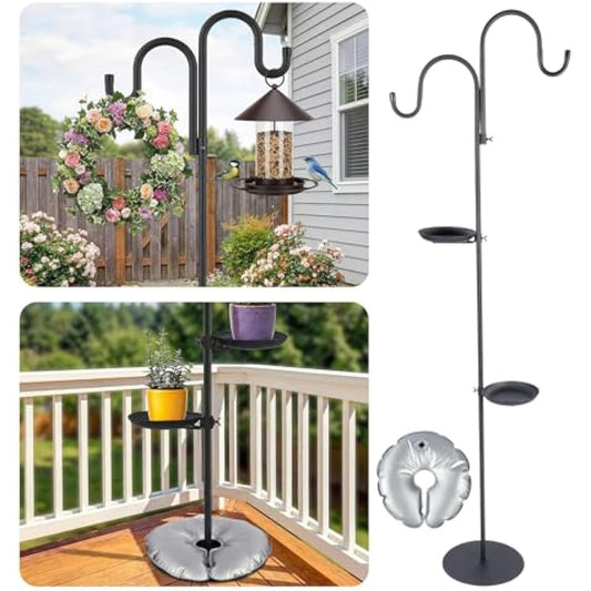 1 Set Upgraded 75.9" Shepherds Hook for Bird Feeder, Hanging Plant Wind Chime Stand, Metal Adjustable Standing Pole Holder for Indoor Outdoor, with 2 Rack & Weight Bag (Classic 2 Hooks)