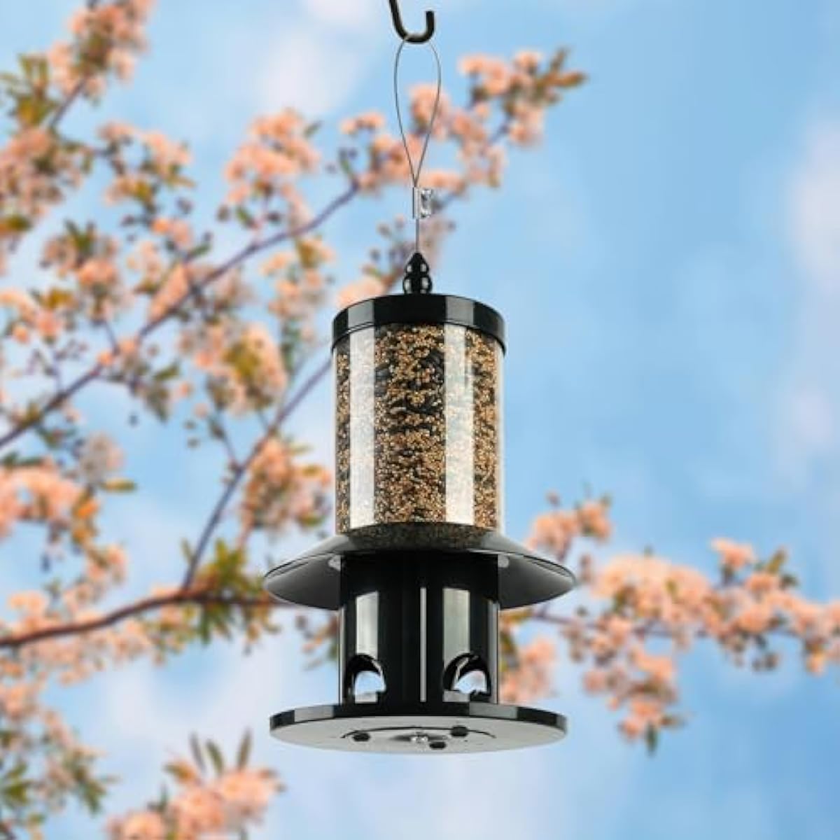 Squirrel Proof Bird Feeder - 360° Feeding Perch Tray for Outdoor Hanging Wild Bird Seeds, Dark Green.